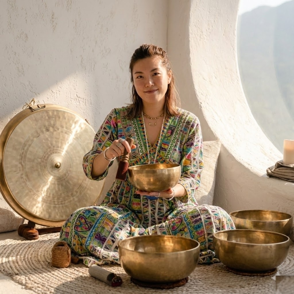 Oi-Mei Amy playing singing bowls